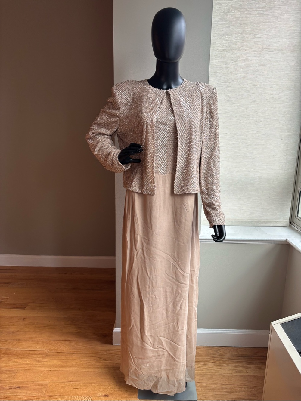 Vintage Carolina Herrera Blush Pink Maxi dress with Matching embroidered jacket